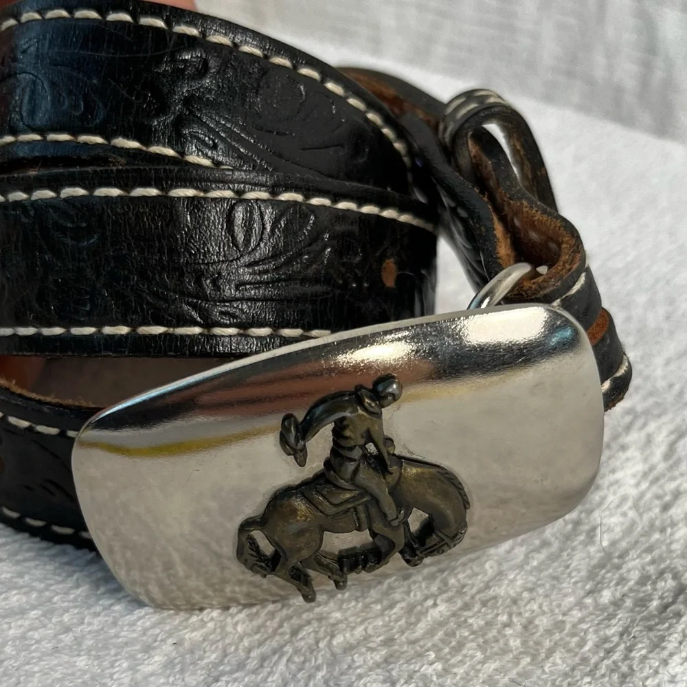 Acme Vintage Brown Leather Belt 26 With Bucking Bronc Cowboy Buckle made in USA
